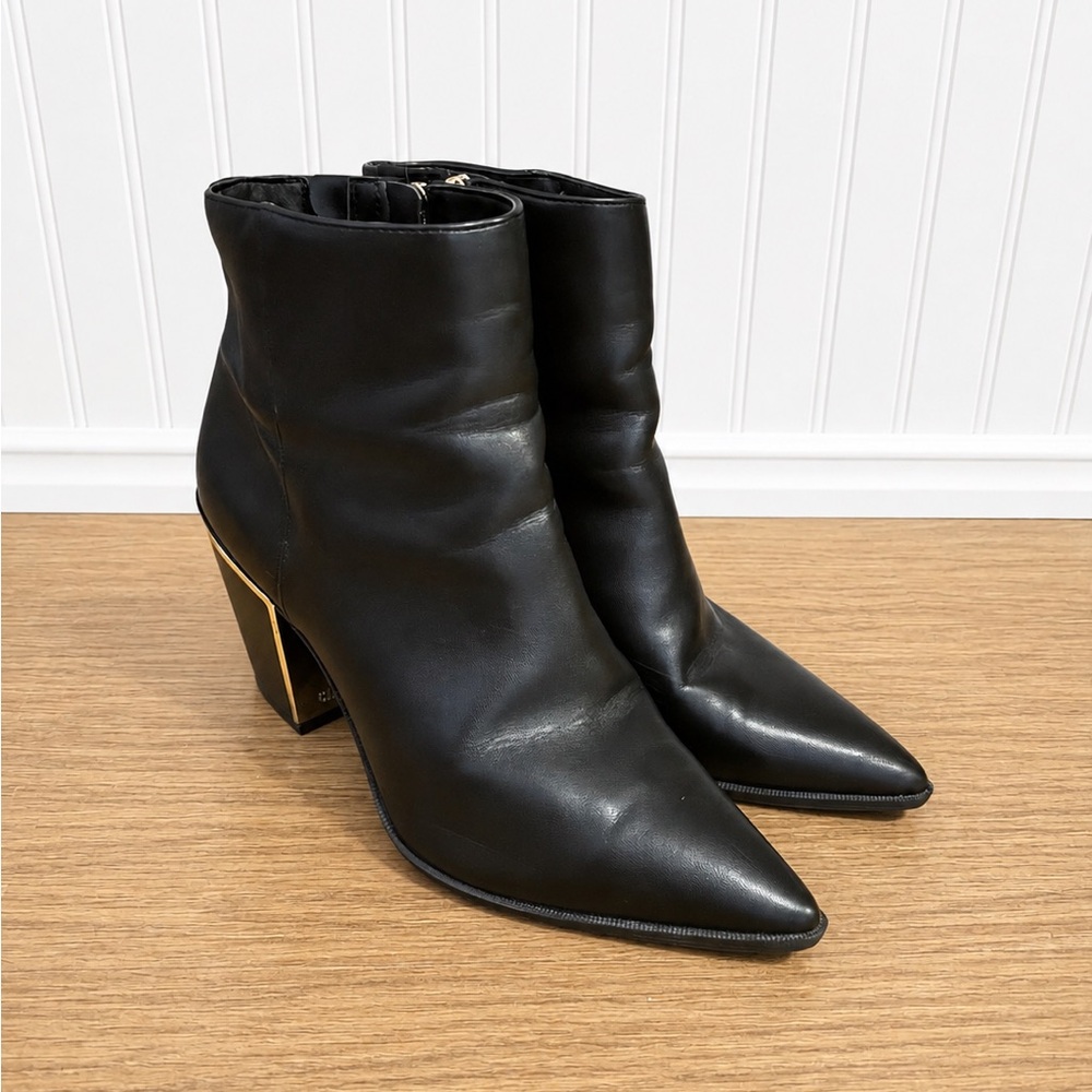 Women's Black Pointed Leather Ankle Booties with Gold-Trim Heel